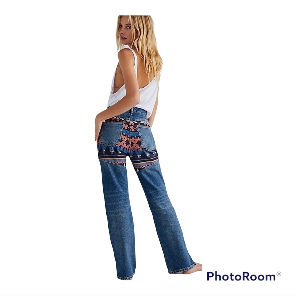 Free People Patchwork Straight Leg Jeans Size 26 Boho Festival Denim - Picture 5 of 13